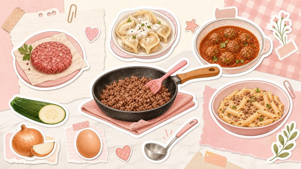 Что приготовить из фарша – стикеры тефтелей, макарон и кабачка на кремово-розовой поверхности