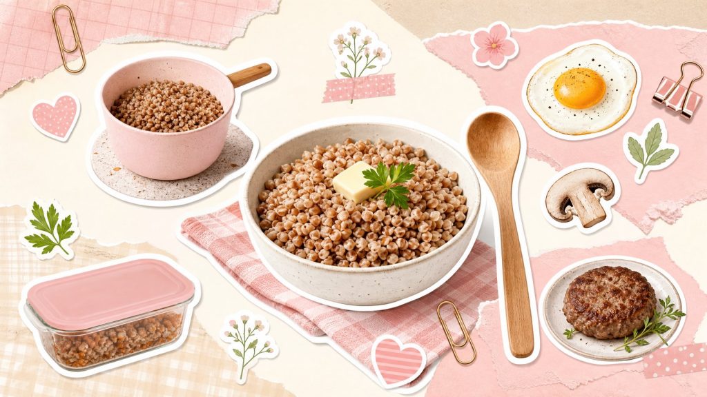 Блюда из гречки – стикеры каши, грибов, оладьев и перца на кремовой поверхности