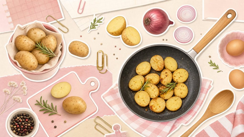 Что приготовить из картофеля – стикеры клубней, лука и сковороды на кремово-розовом фоне