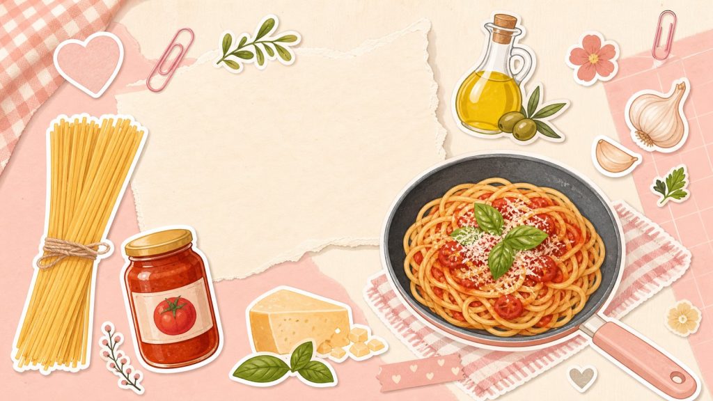 Что приготовить из макарон – стикеры спагетти, сыр, чеснок и тунец на кремово-розовой поверхности