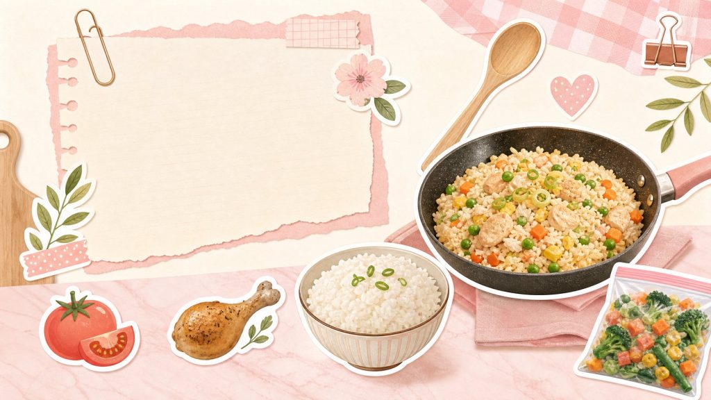 Блюда из риса – стикеры на кремовой поверхности: миска риса, яйцо, овощи и перец