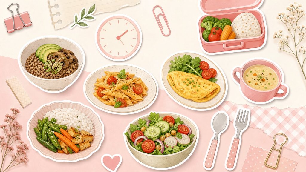 Быстрый обед из простых продуктов – стикеры на кухонном столе, гречка, яйца и макароны
