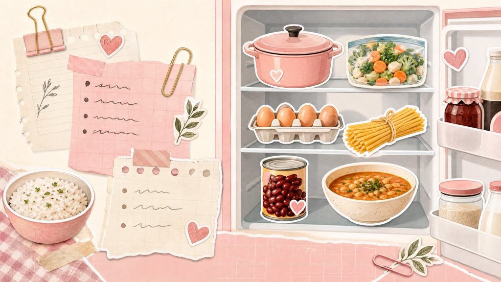 Ужин из простых продуктов – стикеры на открытой двери холодильника, яйца, макароны и овощи