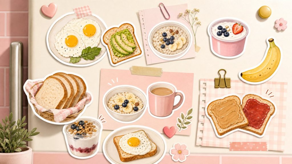Завтрак из простых продуктов – стикеры на кухонной полке, яйца, овсянка и хлеб