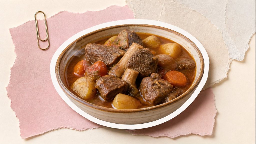 Баранина – стикеры плова, шурпы, картофеля и лаваша на кремово-розовой поверхности