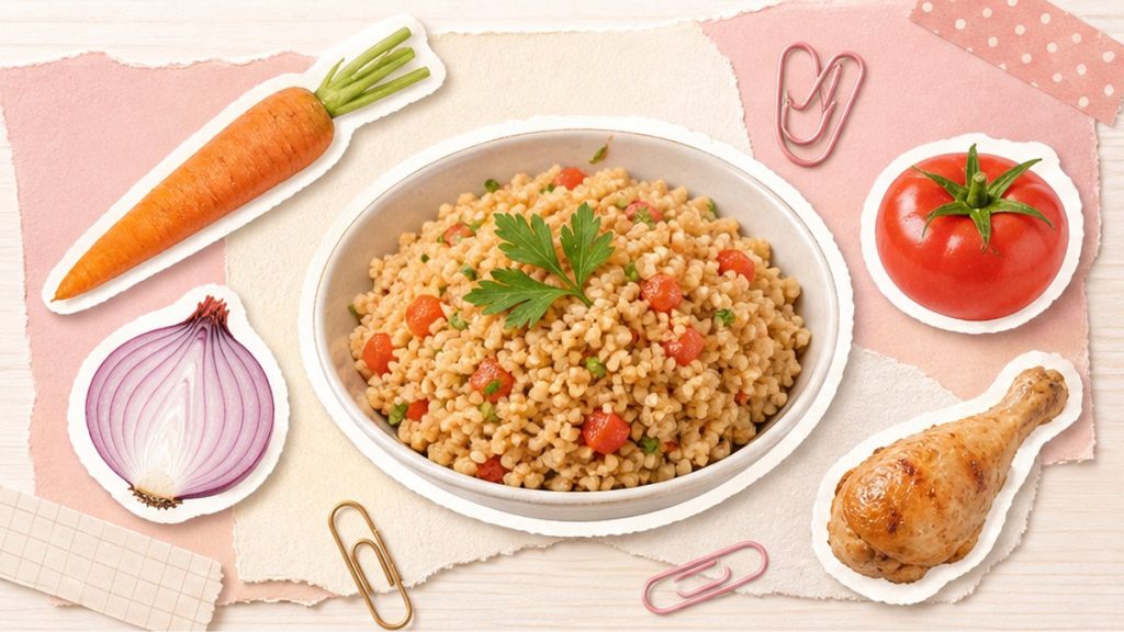 Булгур – стикеры крупы, овощей и курицы на кремово-розовой поверхности