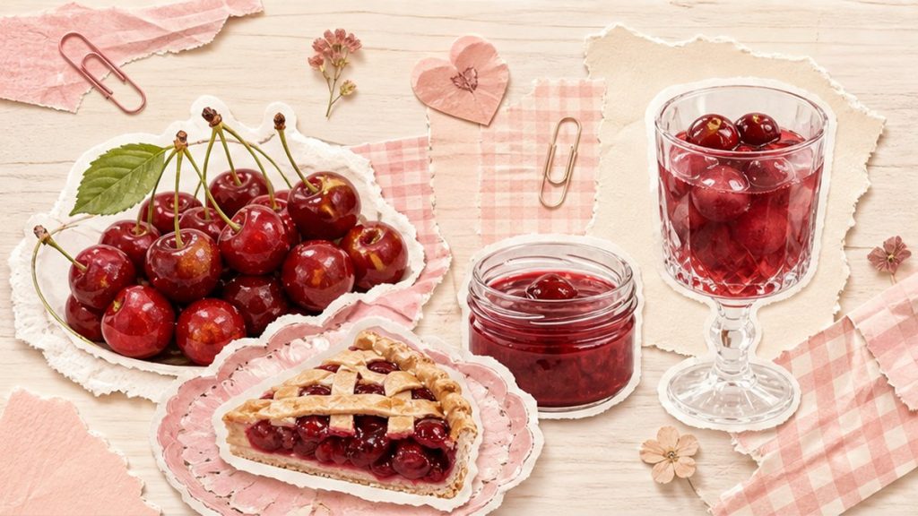 Как приготовить из черешни – стикеры свежей черешни, компота, салата и клафути на кремово-розовой поверхности