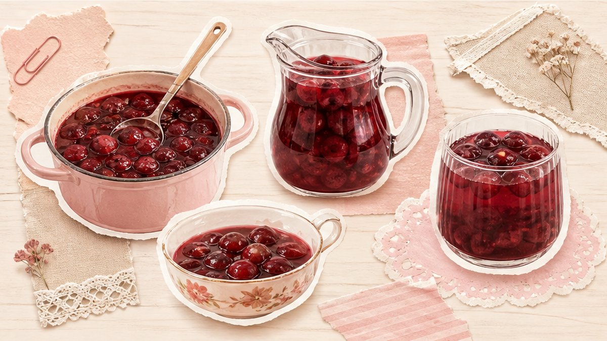 Стикеры компота из черешни в кастрюле