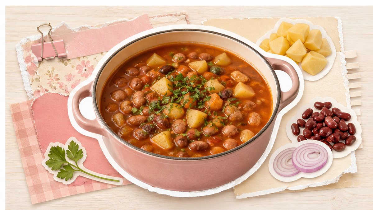 Стикеры супа с фасолью, картофелем и луком в кастрюле