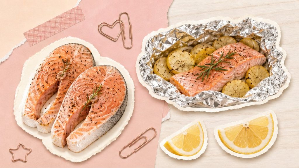 Форель – стикеры стейка, фольги с картофелем и салата на кремово-розовой поверхности