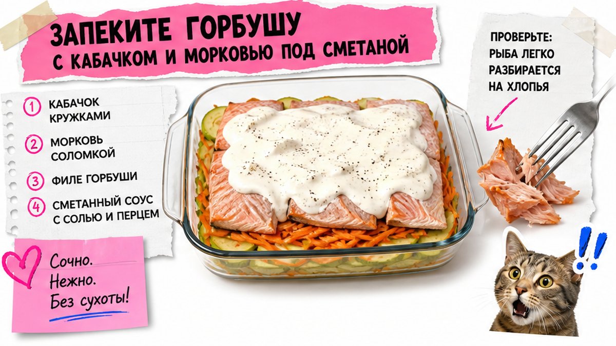 Стикерная схема запекания горбуши с кабачком и морковью