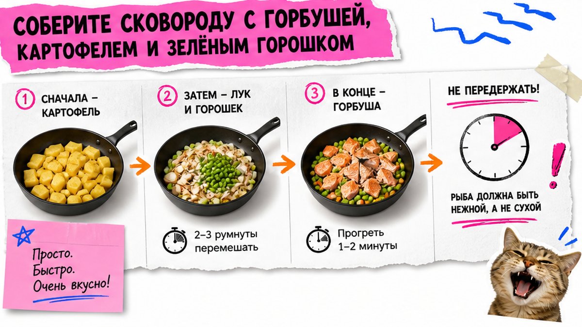 Стикерный тайминг сковороды с горбушей, картофелем и горошком