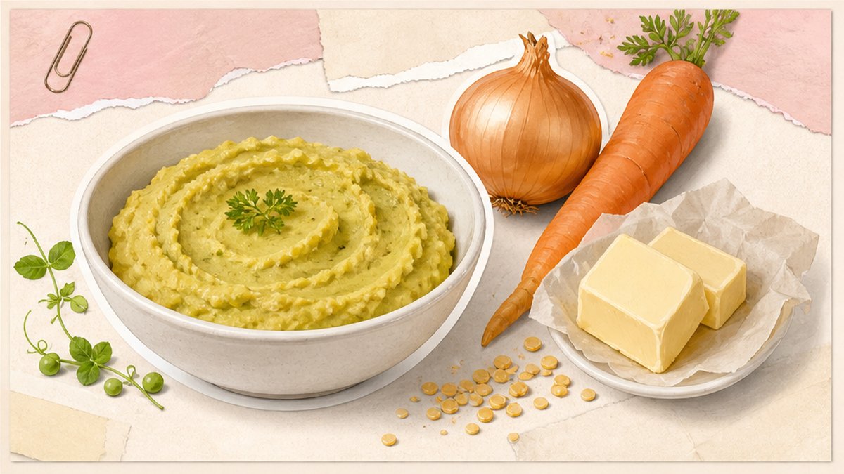 Стикерная карточка горохового пюре с луком и морковью