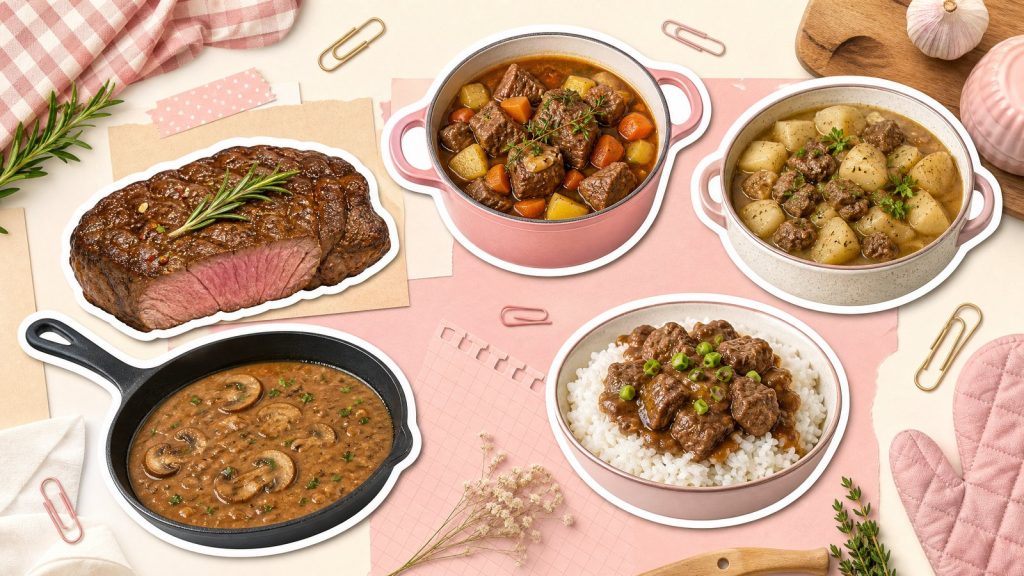 Как приготовить из говядины – стикеры мяса, сковороды, гуляша и картошки на кремово-розовой столешнице