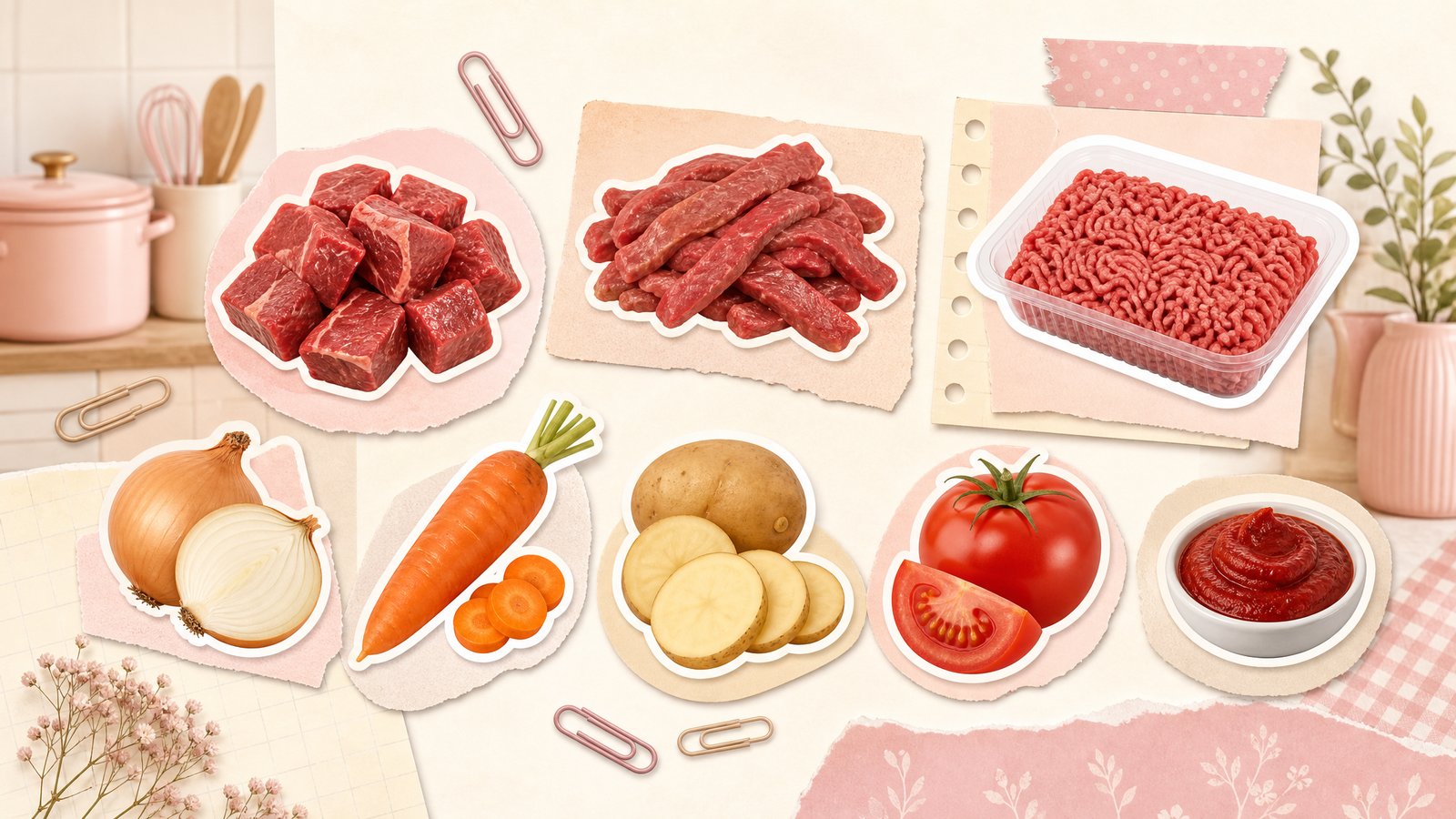 Стикеры частей говядины и запасов шкафа: мясо, фарш, лук, морковь, картофель
