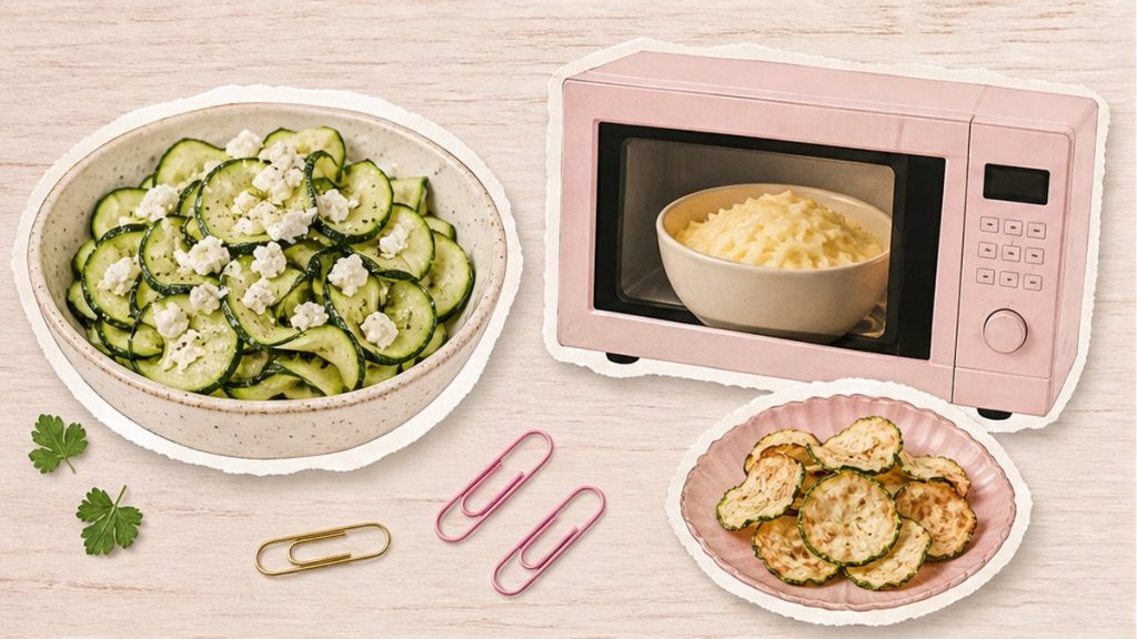 Кабачки быстро – стикеры салата, микроволновки и чипсов на кремово-розовой поверхности