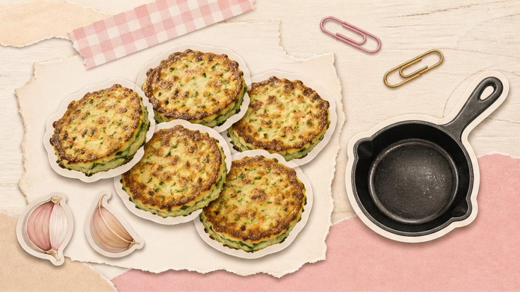 Кабачки на сковороде – стикеры оладий, кружочков и сковороды на кремово-розовой поверхности