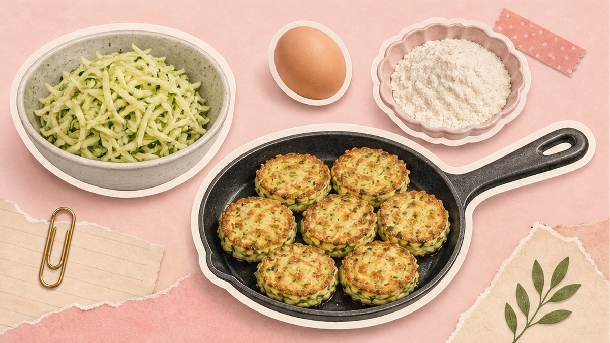 Стикеры кабачковых оладий с яйцом и мукой на сковороде