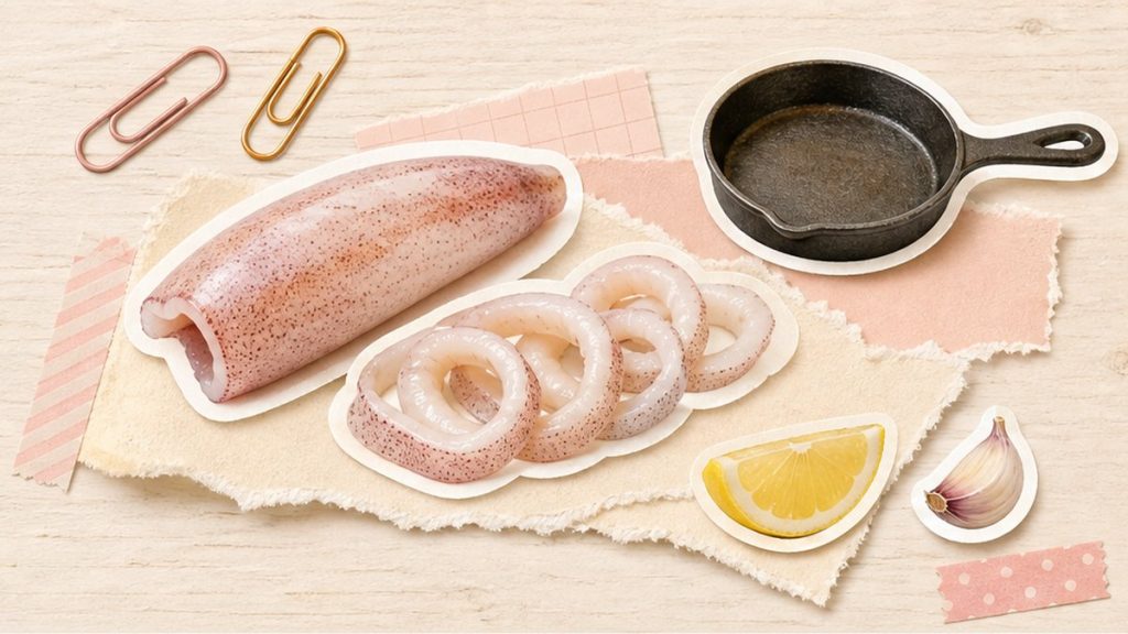 Кальмары – стикеры колец, тушек и сковороды на кремово-розовой поверхности