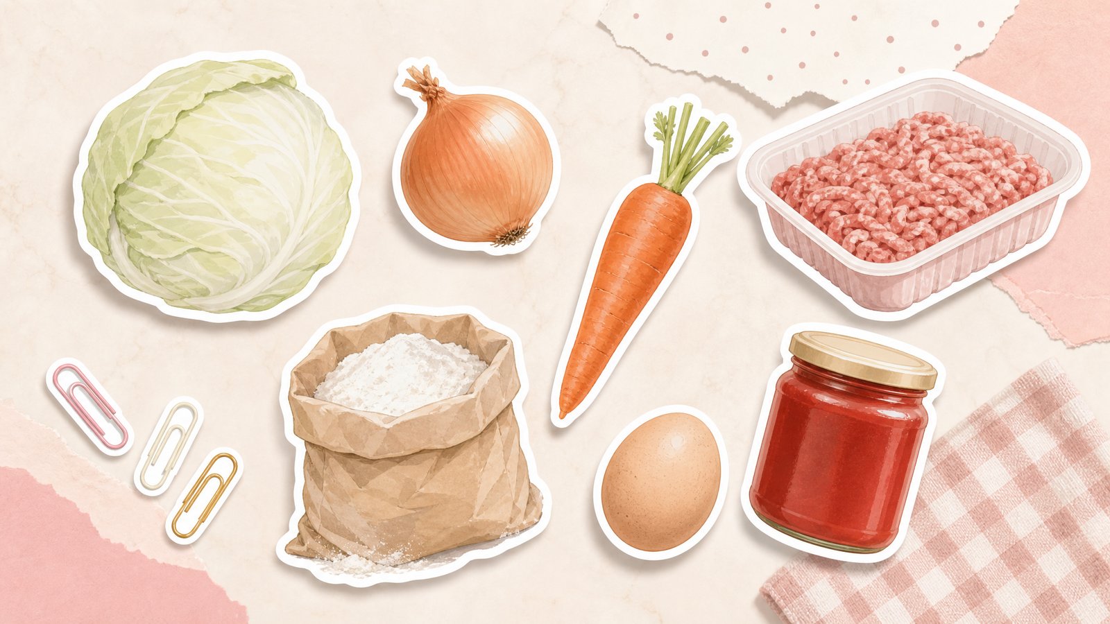Стикеры белокочанной капусты, кочерыжки и ножа на кремово-розовой столешнице