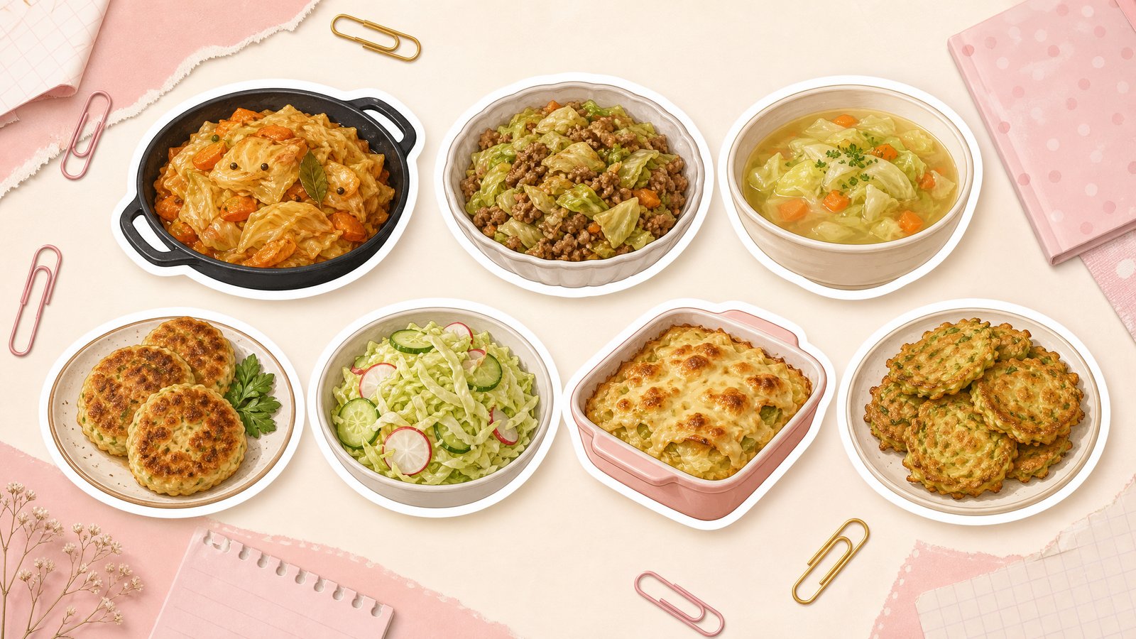 Стикеры лука, моркови, фарша, яйца и томатной пасты рядом с кочаном капусты