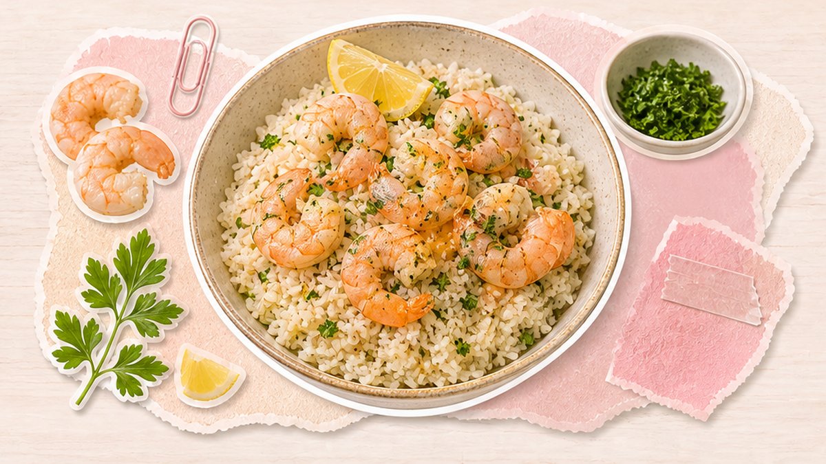 Рис с креветками в миске с зеленью и лимоном