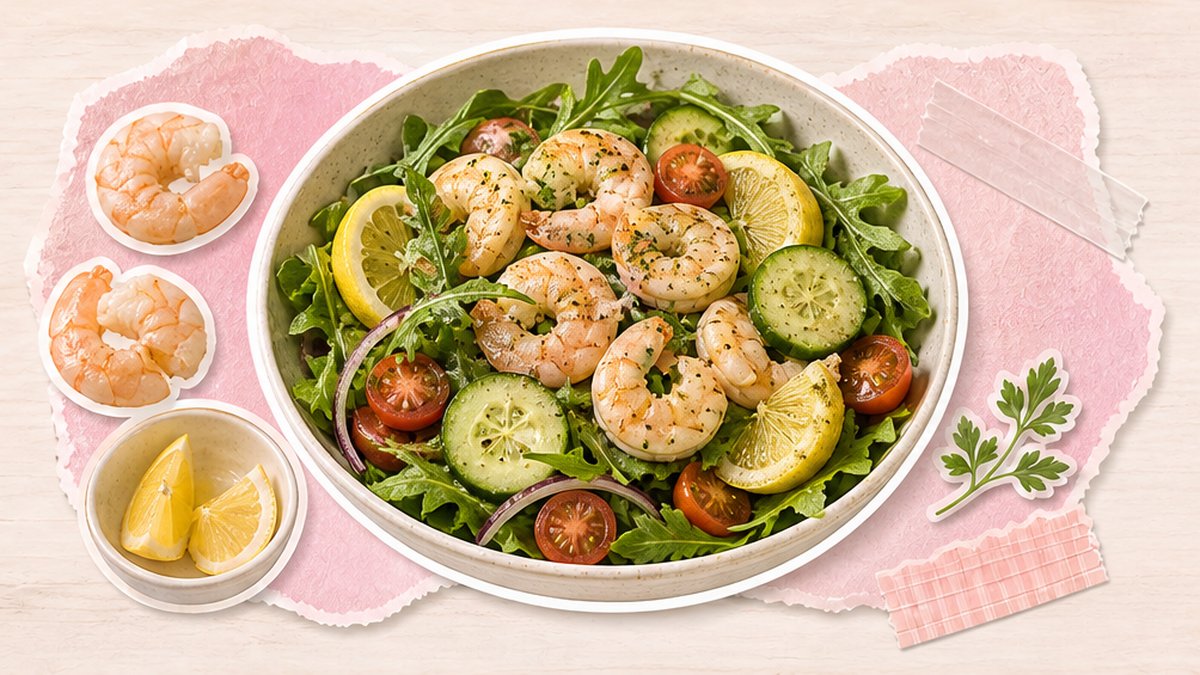 Салат с креветками, зеленью и огурцом
