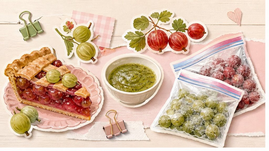 Как приготовить из крыжовника – стикеры зелёного и красного крыжовника, компота и соуса на кремово-розовой поверхности