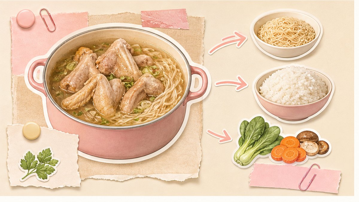Стикерная карточка супа из куриных крыльев и риса с овощами