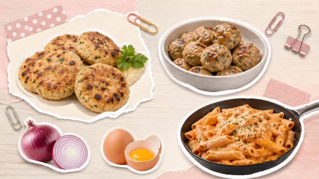 Куриный фарш – стикеры котлет, тефтелей и макарон на кремово-розовой поверхности