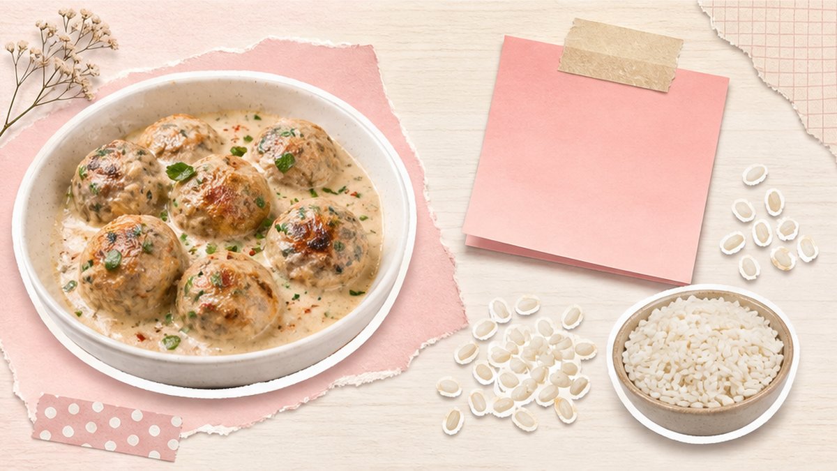 Стикеры куриных тефтелей в сметанном соусе с рисом