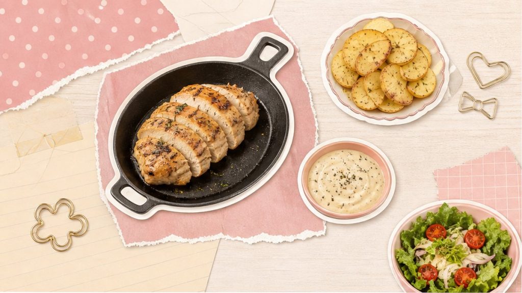 Куриная грудка – стикеры сковороды, картофеля и сметаны на кремово-розовой поверхности