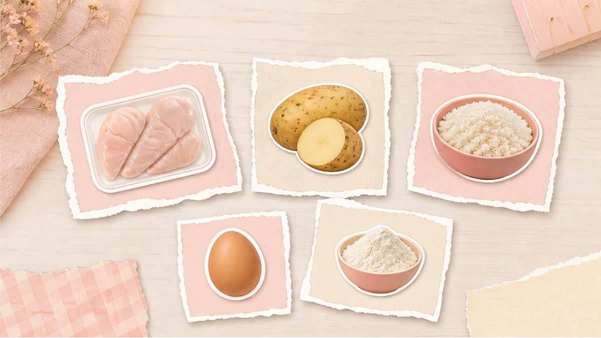 Стикеры куриной грудки, картофеля и сметаны на кремовой поверхности
