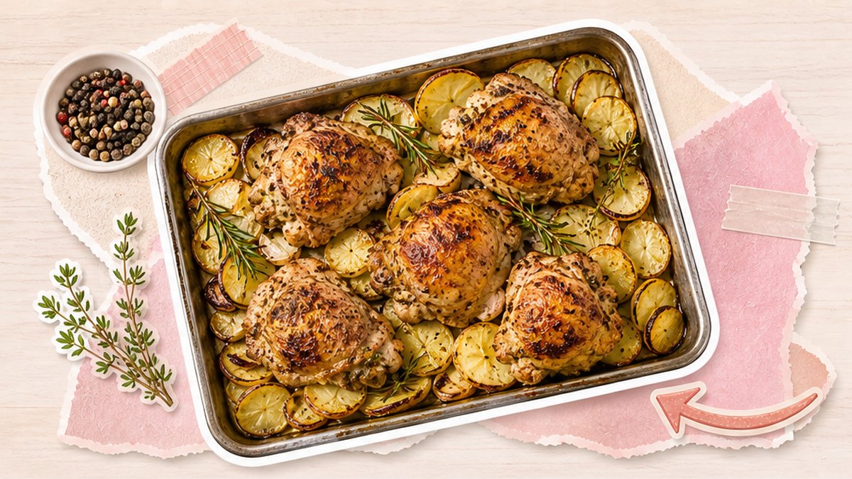 Куриные бёдра на противне с корочкой рядом с картофелем