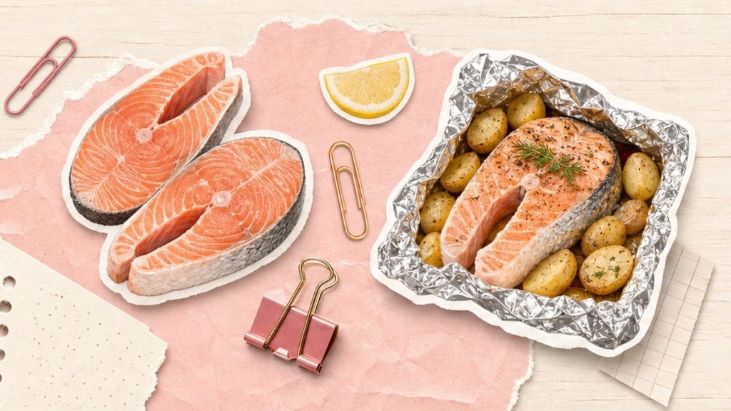Лосось – стикеры стейка, фольги с картофелем и лимона на кремово-розовой поверхности