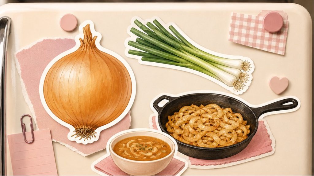 Как приготовить из лука – стикеры репчатого лука, зелёного пера, сковороды и супной миски на кремово-розовой поверхности