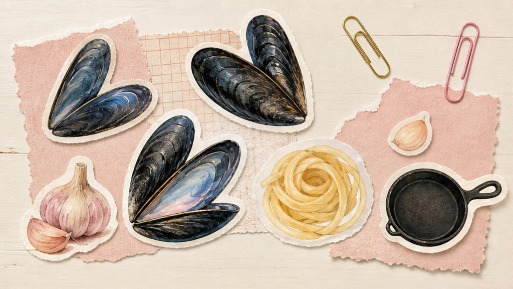 Мидии – стикеры ракушек, чеснока, пасты и сковороды на кремово-розовой поверхности