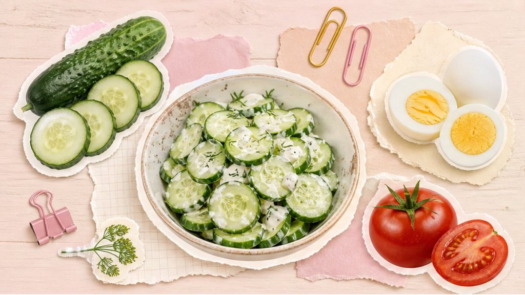 Как приготовить из огурцов – стикеры огурцов, салата, дзадзики и маринада на кремово-розовой поверхности