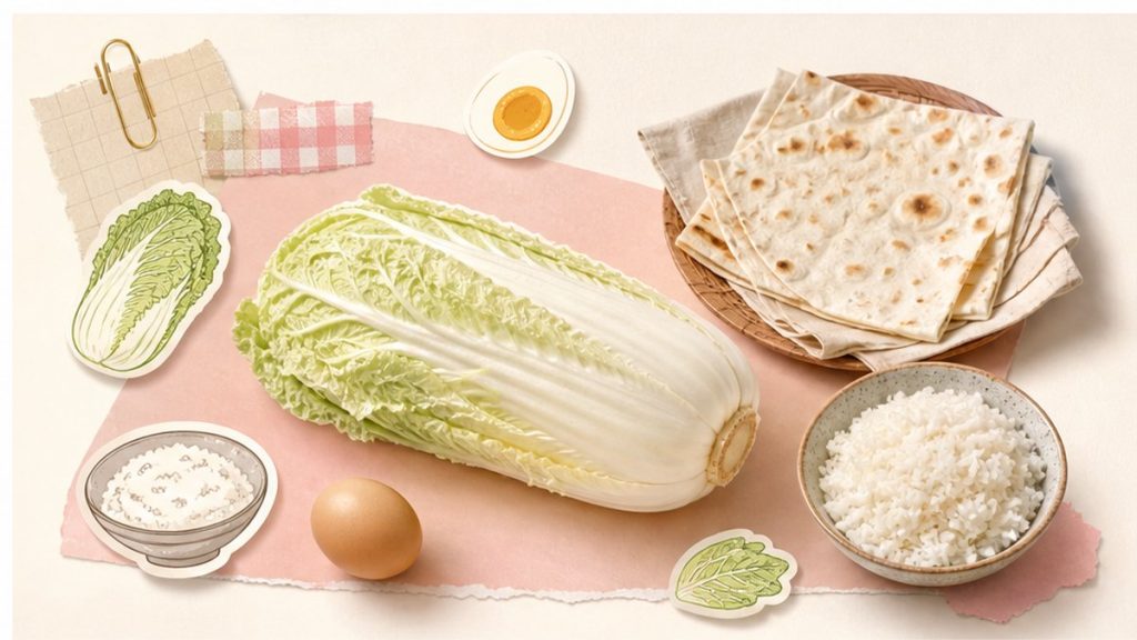Пекинская капуста и простые продукты как стикеры на кремово-розовой кухонной доске