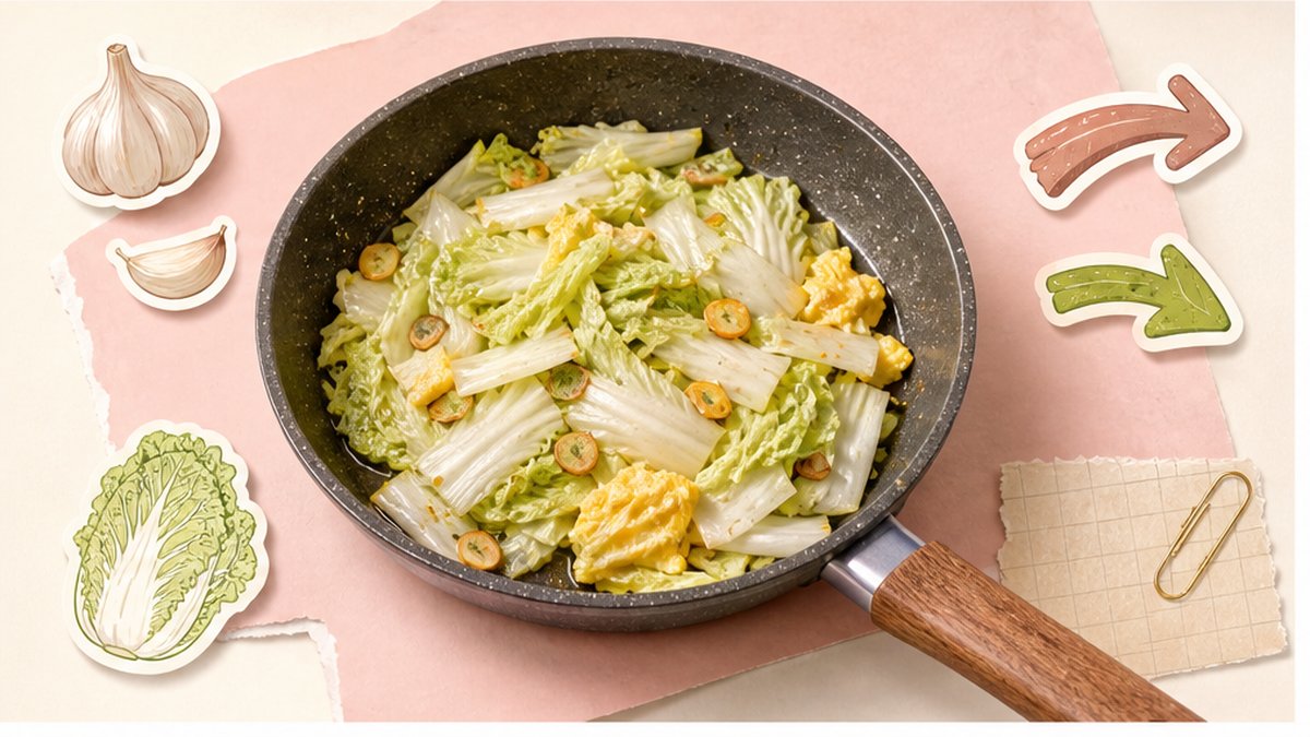 Стикерная карточка пекинской капусты с яйцом на сковороде