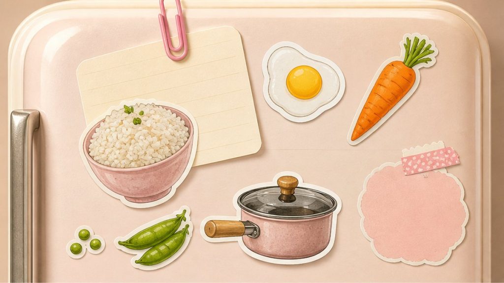 Как приготовить из риса - стикеры риса, яйца, овощей и кастрюли на кремово-розовой поверхности