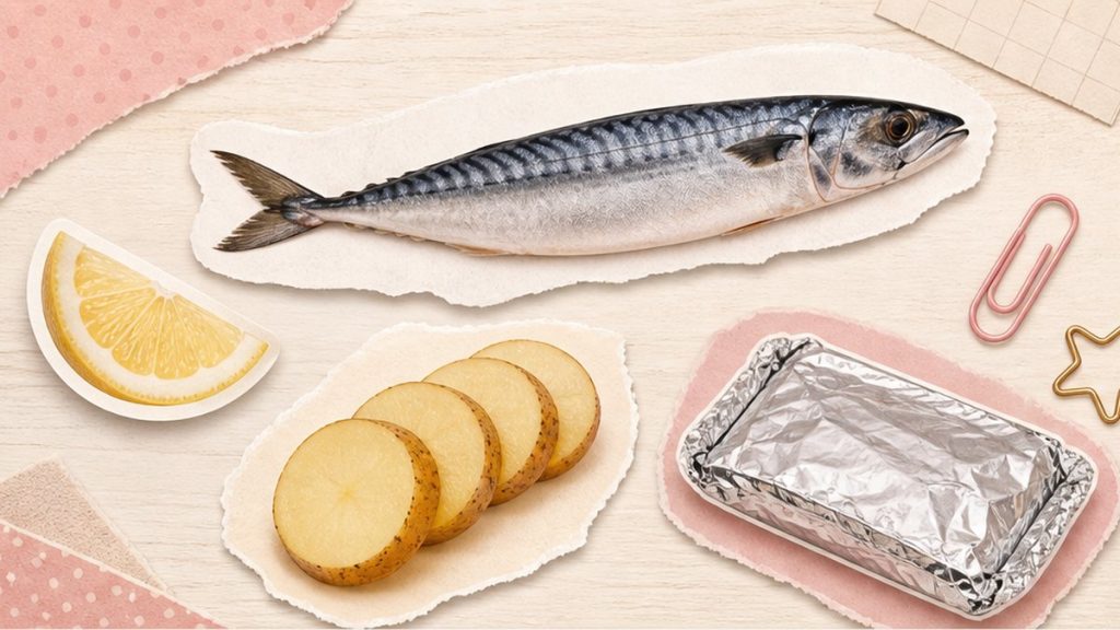 Скумбрия – стикеры запечённой рыбы, лимона и картофеля на кремово-розовой поверхности
