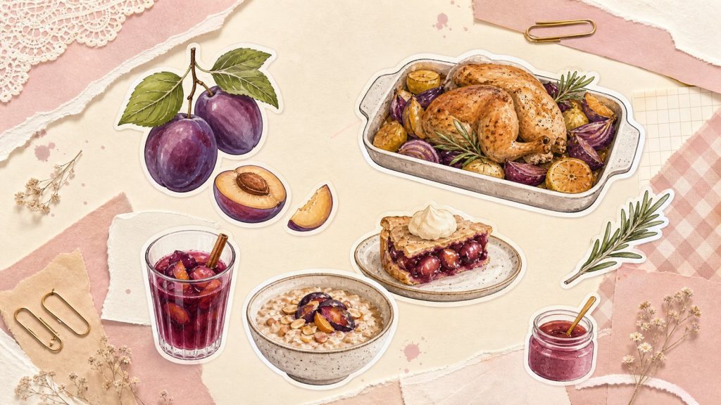 Слива в простых блюдах: стикеры пирога, соуса, курицы и компота