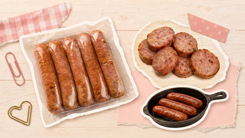Как приготовить из сосисок – стикеры пачки сосисок, сковороды и кружочков на кремово-розовой поверхности
