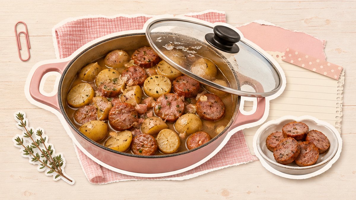 Стикеры картошки с сосисками на сковороде под крышкой