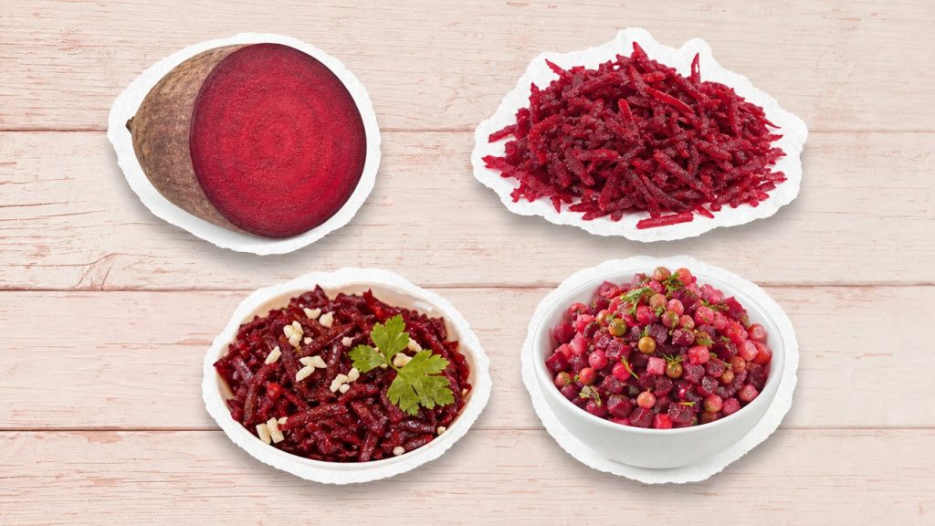 Свекла и простые продукты – стикеры салата, чеснока и яблока на кремовой поверхности