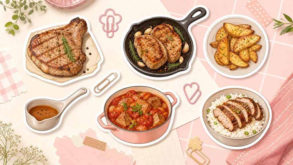 Как приготовить из свинины – стикеры мяса, сковороды, картошки и плова на кремово-розовой столешнице
