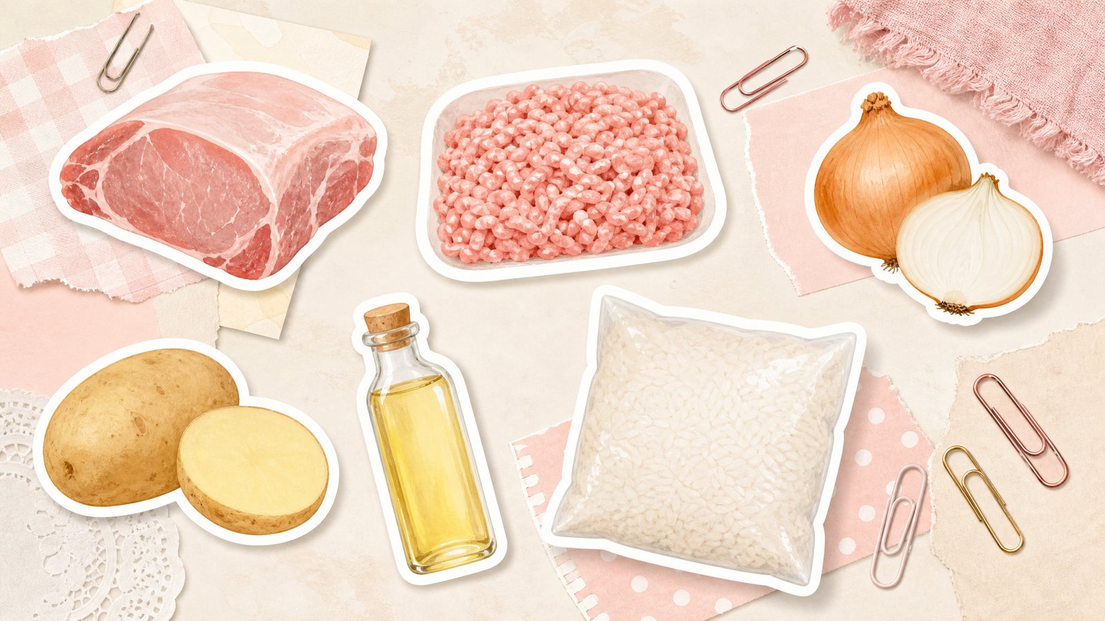 Стикеры частей свинины и запасов шкафа: мясо, фарш, лук, картофель, рис