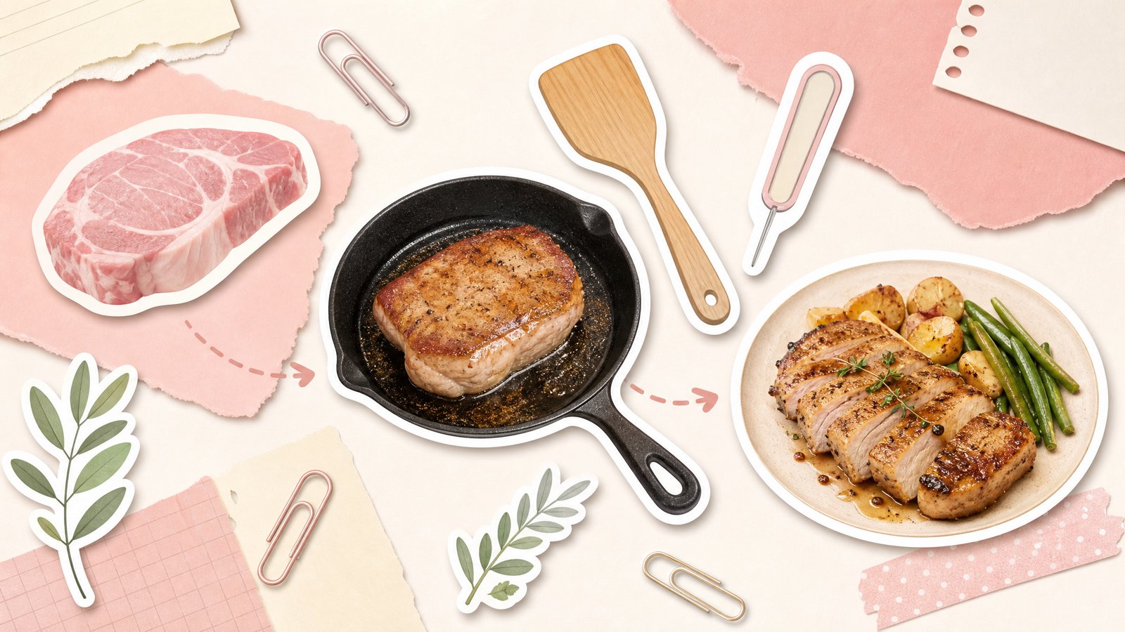 Стикеры шагов готовки свинины: кусок мяса, сковорода, лопатка и готовое блюдо