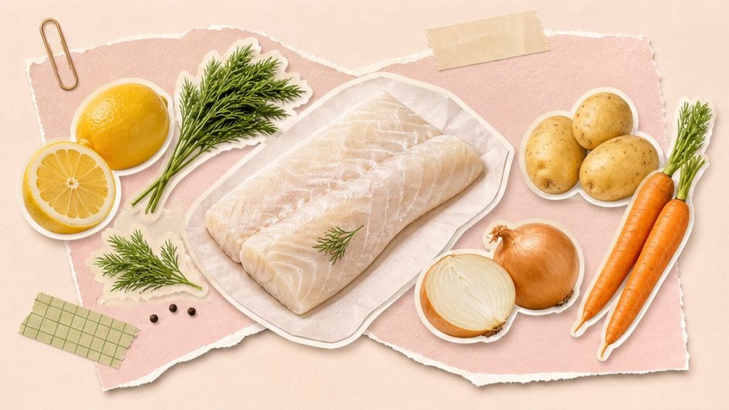 Треска, картофель, лимон и овощи как стикеры на кремово-розовой поверхности